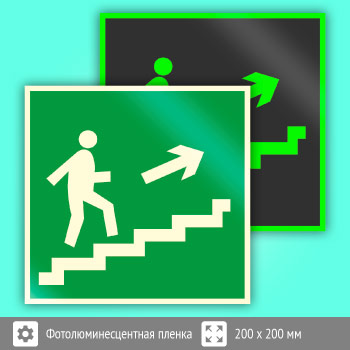 Знак E15 «Направление к эвакуационному выходу по лестнице вверх (правосторонний)» (фотолюминесцентная пленка, 200х200 мм)